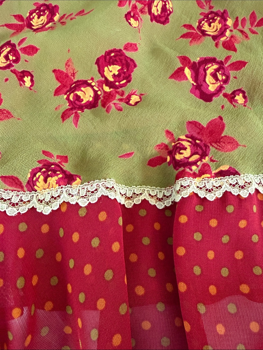 Anthropologie Olive Green Floral A-Line Skirt with Red-Burgundy Ruffle - Picture 8 of 8